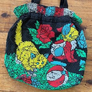 Colorful Beaded Cat Design Tote Bag